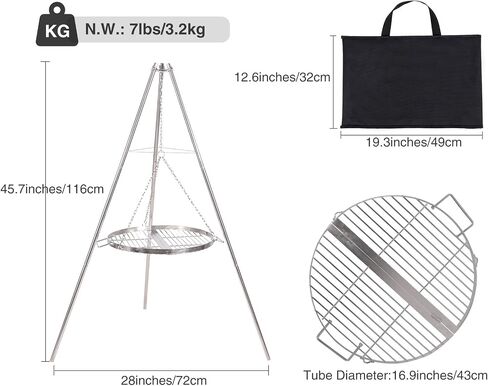 Campfire Tripod for Cooking, 44 Inch Lightweight Stainless Steel Adjustable Camping Tripod with Chain, Portable Folding Stand for Grill Dutch Oven BBQ & Outdoor Camping - Carry Bag in Saudi Arabia