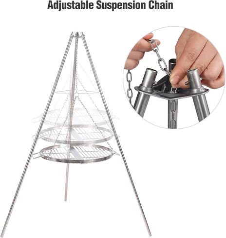 Campfire Tripod for Cooking, 44 Inch Lightweight Stainless Steel Adjustable Camping Tripod with Chain, Portable Folding Stand for Grill Dutch Oven BBQ & Outdoor Camping - Carry Bag in Saudi Arabia