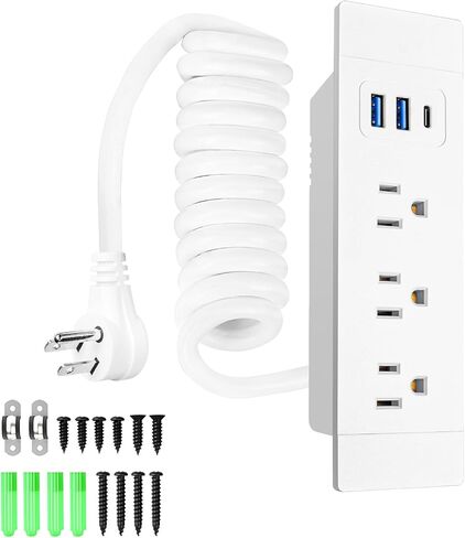 Recessed Furniture Power Strip with One USB-C, Two USB-A, and Three AC Outlets - 5FT Power Cord with Spring Cable, UL Listed for Safe & Tidy Drawer Installation(White) in Saudi Arabia
