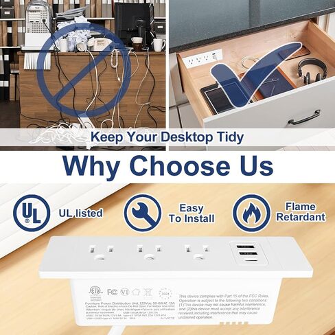Recessed Furniture Power Strip with One USB-C, Two USB-A, and Three AC Outlets - 5FT Power Cord with Spring Cable, UL Listed for Safe & Tidy Drawer Installation(White) in Saudi Arabia