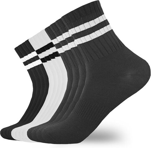 6 Pairs Mens White Stripes Socks Crew Half Calf Socks Athletic Sports Running Socks for Men Women Teens(Cotton, white x3 +black x3) in Saudi Arabia