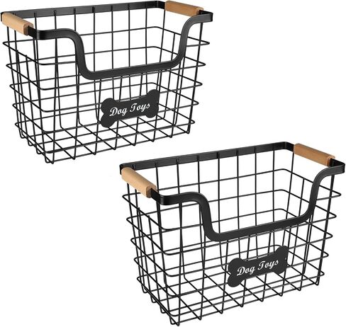 2packs Metal Dog Toy Basket,Iron Wire Dog Toy Bin,Dog Toy Storage Box,Dog Storage Organizer with Wooden Handle,Black Sturdy Dog Basket for Dog Leash,Collar,Dog Toy,Snacks in Saudi Arabia