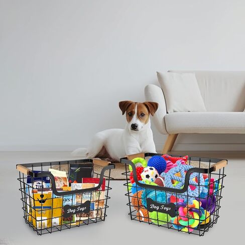 2packs سلة لعبة الكلب المعدنية، سلة لعبة الكلب سلك الحديد، صندوق تخزين لعبة الكلب، منظم تخزين الكلب مع مقبض خشبي، سلة كلب سوداء قوية لمقود الكلب، طوق، لعبة الكلب، والوجبات الخفيفة in Kuwait
