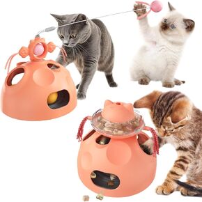 4 in 1 Interactive Cat Toys for Indoor Cats, Cat Treat Puzzle, Modular Design with Cat Treat Dispenser, Ambush Wand Dancer, Hide Rolling Ball Maze,Spinning Ball, Cat Enrichment Toys for Indoor Cats