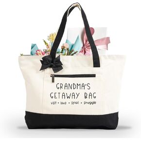 Grandma Gifts, Personalized Christmas Mothers Day Gifts for Grandma, Great Grandma Gifts, Large Size Canvas Tote Bag for Grandmother Grammy Mom Gift Idea - Grandma's Getaway Bag