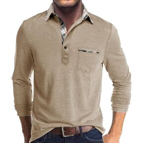Mens Long Sleeve Polo Shirts Casual Button Moisture Cotton Tees Stylish Tops Golf Shirts with Pocket