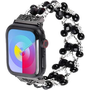 Beaded Bracelet Compatible with Apple Watch Band 38mm/40mm/41mm, Women FashionJewelry Elastic Stretch Band for iWatch Series 9/8/7/se/6/5/4/3/2/1, Replacement Strap Pink Green