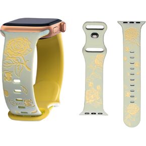 Exquisite Roses Floral Engraved Band Compatible with Apple Watch Band 40mm 38mm 41mm 42mm 44mm 45mm 46mm 49mm, Soft Silicone Cute Ture bloom Two-Tone Flower Sport Strap for iWatch Bands Women Gifts Holiday Series 10 9 8 7 6 5 4 3 2 1 SE Ultra Ultra 2