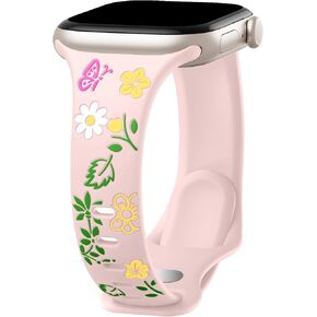 حزام نحيف منقوش بالزهور متوافق مع أساور ساعة Apple للنساء 40 مم 41 مم 38 مم 42 مم 44 مم 45 مم 46 مم 49 مم، حزام رياضي مرصع بالسيليكون الناعم لسلسلة iWatch 10 9 8 7 6 5 4 3 2 1 SE Ultra in Kuwait