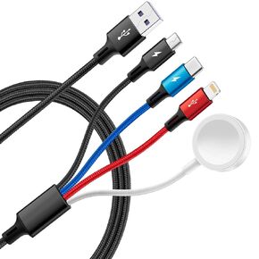 Travel 4 in 1 Multi Charging Cable for Apple Watch Charger, Magnetic Wireless Charger, Braided Multi Charger USB C/Lightning/Micro Port for iWatch Series UItra/SE/10-1/iPhone 16 15 14/Galaxy S23-4Ft