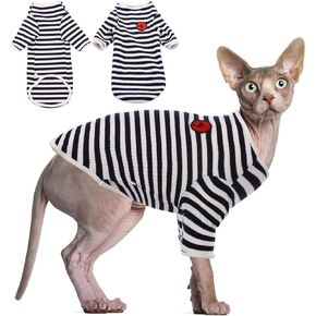 DENTRUN Hairless Cats Shirt Breathable Cat Daily Wear Clothes Stripe Vest Adorable Pajamas Jumpsuit Soft & Skin-Friendly
