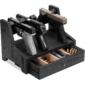 Wooden Handgun Rack with Extra Storage Drawer - Gun Safe Organizer for Cabinets & Nightstands - Fits Most Pistols, Great Gift for Gun Owners - Gun Rack Organizer