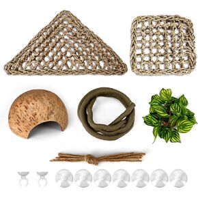 Bearded Dragon Tank Accessories,Reptile Hammock Corner Triangle with Ladder,Coconut Shell Cave Jungle Climbing Vines and Leaves Habitat Decor for Lizard,Anoles,Iguanas and Hermit Crabs 5PCS