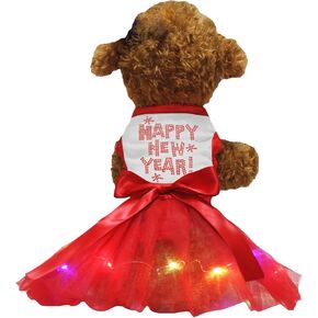 Petitebella Rhinestones Happy New Year Puppy Dog Dress (White/Bling Red, Medium)