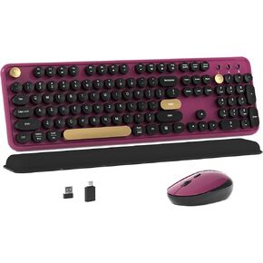 Colorful Wireless Computer Keyboard and Mouse Combo with Round Typewriter Keycaps, Retro Design, Power Switch, Ergonomic Design, 2.4GHz Wireless for Windows, Mac, PC（Black-Claret）