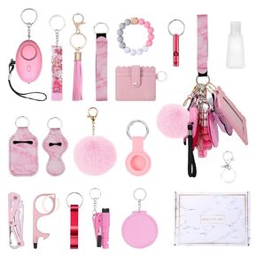 JXTZ Safety Keychain Set for Women, Wristlet Strap Keychain with Personal Alarm, Wallet Card Holder, Bottle Opener, Travel Bottle Holder, Gift Set for Girls
