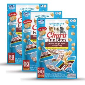 INABA Churu Fun Bites for Cats, Soft & Chewy Baked Chicken Wrapped Filled Cat Treats with Taurine, 0.42 Ounces Each Tetra, 3 Tetras, Chicken Recipe Wraps Chicken Recipe