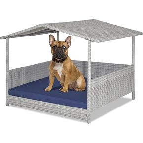 Giantex Wicker Dog House, Raised Rattan Dog Bed with Waterproof Roof, Washable Cushion Cover, Steel Frame, Indoor Outdoor Elevated Dog Bed Pet House for Small Medium Dogs Cats, Easy Assembly