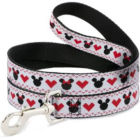 Disney Pet Leash, Dog Leash, Disney Holiday Mickey and Minnie Mouse Heart Sweater Stitch, 4 Feet Long 0.5 Inch Wide