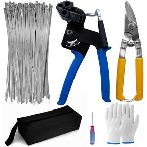 Metal Zip Ties Tool Gun - Trivd Frol One Hand Operation Metal Cable Tie Gun for Fastening Cutting Stainless Steel Zip Ties, Comes With 100pcs Self-Locking Metal Zip Ties Heavy Duty Outdoor, Scissors