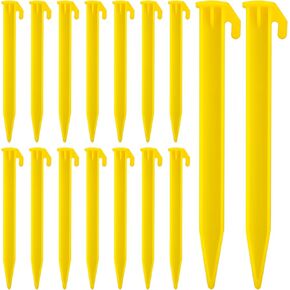 16 Pack Plastic Tent Stakes, 5.7 Inch Heavy Duty Beach Tent Pegs, Durable Garden Lawn Tarp Stakes, Tent Spikes Nails Pegs Hammer for Outdoor Beach Camping Courtyard Decorative Accessories (Yellow)