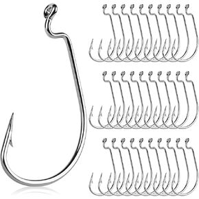 UCEC Fishing Hooks Offset Shank Worm Hooks Extra Wide Gap 2X Strong Carbon Steel Bait Jig for Bass Fishing Trout Catfish Saltwater Freshwater 1/0 2/0 3/0 4/0 5/0 30pcs/Box