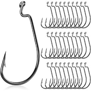 UCEC Fishing Hooks Offset Shank Worm Hooks Extra Wide Gap 2X Strong Carbon Steel Bait Jig for Bass Fishing Trout Catfish Saltwater Freshwater 1/0 2/0 3/0 4/0 5/0 30pcs/Box
