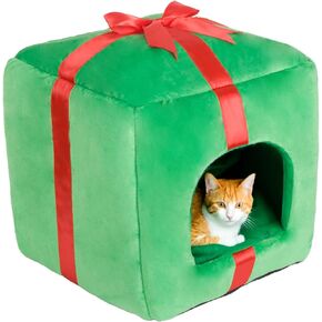 PowerKing Christmas Cat House Square Cat Bed Cat Cave قابل للإزالة والغسل للقطط مع قاعدة غير قابلة للانزلاق ووسادة، هدية رائعة لقطتك