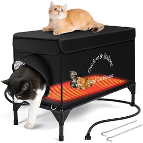 Heated Cat House for Outdoor Cats in Winter, Highly Elevated Base Waterproof & Insulated Feral Cat House, Warm Cat Shelter with Heating Pad Warm House for Outside Stray Barn Cat (Black, 21"x13"x18")
