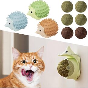 6 Pieces Catnip Balls, Refillable Catnip Toys for Cats, Edible Lickable Cat Treats That Stick on Wall, Relieving Facial Itching, Teeth Cleaning Kitten Chew Toys, 3 Shells 2 Flavors