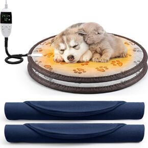 Riakrum 2 Pcs Cat Heating Pad Round 16 in Pet Heating Pad Waterproof Cat Warming Pad Adjustable Heated Dog Bed Pet Electric Heating Mat with Washable Cover Switch Anti Bite Steel Cord for Pet (Gray)