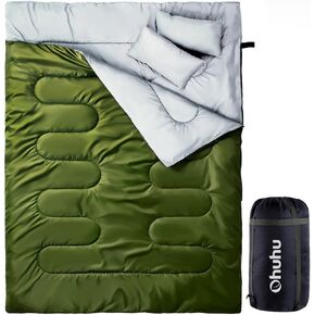 Ohuhu Double Sleeping Bag with 2 Pillows, Waterproof Lightweight 2 Person Adults Sleeping Bag for Camping, Backpacking, Hiking, with Carrying Bag (Green)