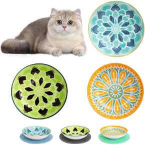 Ceramic Cat Food Bowl, Cat Food Bowls for Indoor Cats, Whisker Fatigue Cat Bowl, Shallow Cat Dish for Food, with Anti-Slip Mats Cat Wet Food Bowl Set Shallow Cat Plate, for Kitten, Small Dogs