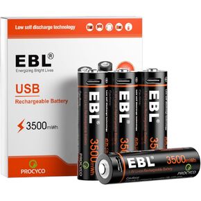 EBL Lithium AA Batteries 4 Pack, Rechargeable Double A Battery 1.5V 3500mWh with USB-C Cable, 2H Fast Charge, Over 1600 Cycles