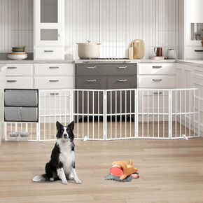 Indoor Dog Gate, 6-Panel Foldable Dog Fence with Dog Bowls, 94.5" W x 23.6" H Freestanding Pet Gate for Doorways, Stairs, Hallways, Pet Puppy Safety Fence with Support Feet, White DGBW26601
