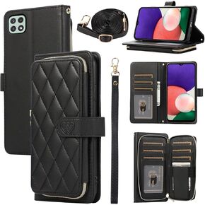 Argyle Wallet Case for Samsung Galaxy A25 5G/A24 4G/M34 /F34 with Wrist Strap Shoulder Strap 9+ Card Slots Zipper Purse, Luxury PU Leather Stand Phone Cover for A 25 25A 24A LTE Rose Gold