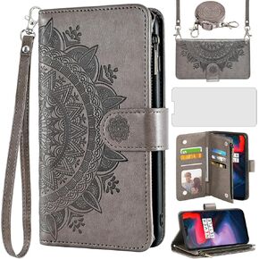 Asuwish Phone Case for OnePlus 6 Wallet Cell Cover with Screen Protector Lanyard Wrist Strap Mandala Flower Zipper Card Holder OnePlus6 A6000 One Plus6 1 Plus 1plus Six One+ 1+ 6 Women Girls Purple