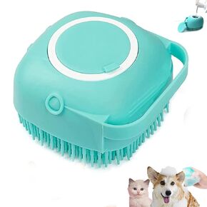 Pet Bath Scrubber Brush, Dog Grooming Massage Shampoo Bath Brush with Soap and Shampoo Dispenser Soft Silicone Bristle for Long Short Haired Dogs Cats Shower (Blue)