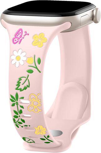 حزام نحيف منقوش بالزهور متوافق مع أساور ساعة Apple للنساء 40 مم 41 مم 38 مم 42 مم 44 مم 45 مم 46 مم 49 مم، حزام رياضي مرصع بالسيليكون الناعم لسلسلة iWatch 10 9 8 7 6 5 4 3 2 1 SE Ultra in Kuwait