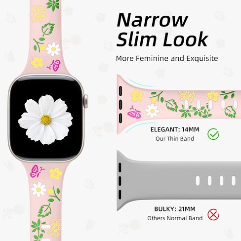 حزام نحيف منقوش بالزهور متوافق مع أساور ساعة Apple للنساء 40 مم 41 مم 38 مم 42 مم 44 مم 45 مم 46 مم 49 مم، حزام رياضي مرصع بالسيليكون الناعم لسلسلة iWatch 10 9 8 7 6 5 4 3 2 1 SE Ultra in Kuwait