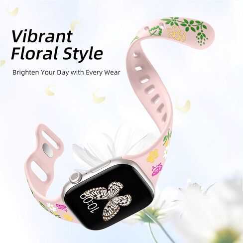 حزام نحيف منقوش بالزهور متوافق مع أساور ساعة Apple للنساء 40 مم 41 مم 38 مم 42 مم 44 مم 45 مم 46 مم 49 مم، حزام رياضي مرصع بالسيليكون الناعم لسلسلة iWatch 10 9 8 7 6 5 4 3 2 1 SE Ultra in Kuwait