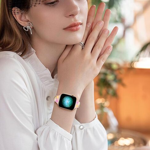 حزام نحيف منقوش بالزهور متوافق مع أساور ساعة Apple للنساء 40 مم 41 مم 38 مم 42 مم 44 مم 45 مم 46 مم 49 مم، حزام رياضي مرصع بالسيليكون الناعم لسلسلة iWatch 10 9 8 7 6 5 4 3 2 1 SE Ultra in Kuwait