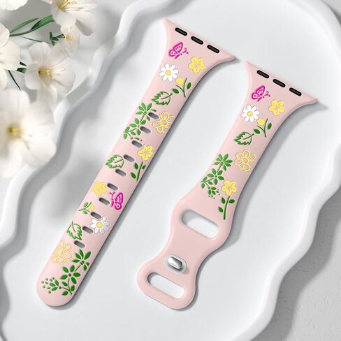 حزام نحيف منقوش بالزهور متوافق مع أساور ساعة Apple للنساء 40 مم 41 مم 38 مم 42 مم 44 مم 45 مم 46 مم 49 مم، حزام رياضي مرصع بالسيليكون الناعم لسلسلة iWatch 10 9 8 7 6 5 4 3 2 1 SE Ultra in Kuwait