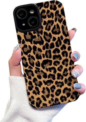 Compatible with iPhone 14 Case with Cute Fashion Brown Leopard Pattern Leather Simple Case for Women Girls Soft Silicone Protection Case for iPhone 14-Black in Saudi Arabia
