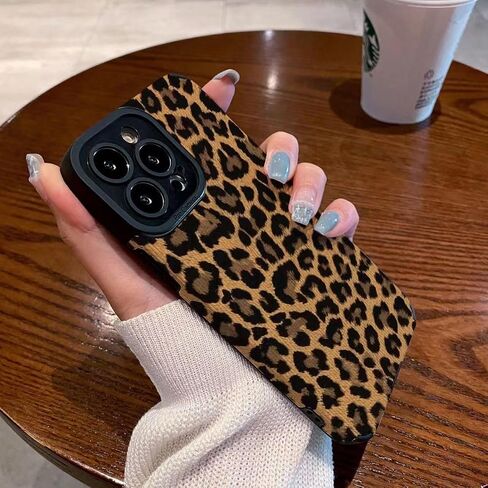 Compatible with iPhone 14 Case with Cute Fashion Brown Leopard Pattern Leather Simple Case for Women Girls Soft Silicone Protection Case for iPhone 14-Black in Saudi Arabia