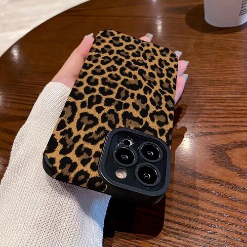 Compatible with iPhone 14 Case with Cute Fashion Brown Leopard Pattern Leather Simple Case for Women Girls Soft Silicone Protection Case for iPhone 14-Black in Saudi Arabia