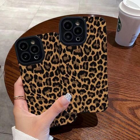 Compatible with iPhone 14 Case with Cute Fashion Brown Leopard Pattern Leather Simple Case for Women Girls Soft Silicone Protection Case for iPhone 14-Black in Saudi Arabia