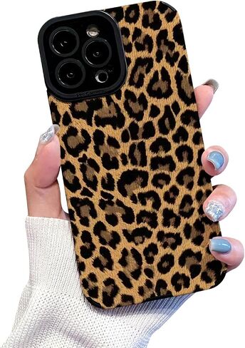 Compatible with iPhone 14 Case with Cute Fashion Brown Leopard Pattern Leather Simple Case for Women Girls Soft Silicone Protection Case for iPhone 14-Black in Saudi Arabia