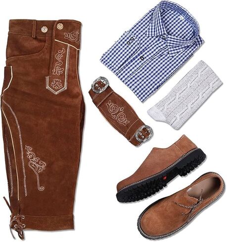 McWilliams Men's Authentic Bavarian Lederhosen Brown - Oktoberfest Leather Trousers, Shoes, Socks, and Shirt | Outfit (German 52 / US 36, Brown) in Saudi Arabia