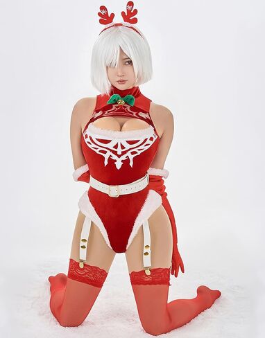 ملابس داخلية نسائية من MEOWCOS لعيد الميلاد من قطعة واحدة مع رأس قصير وقفازات وجوارب الفخذ للنساء in Kuwait